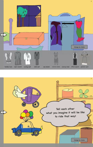 Two pages from An Adventure Of Our Own: choosing clothes from a wardrobe, and a flying car