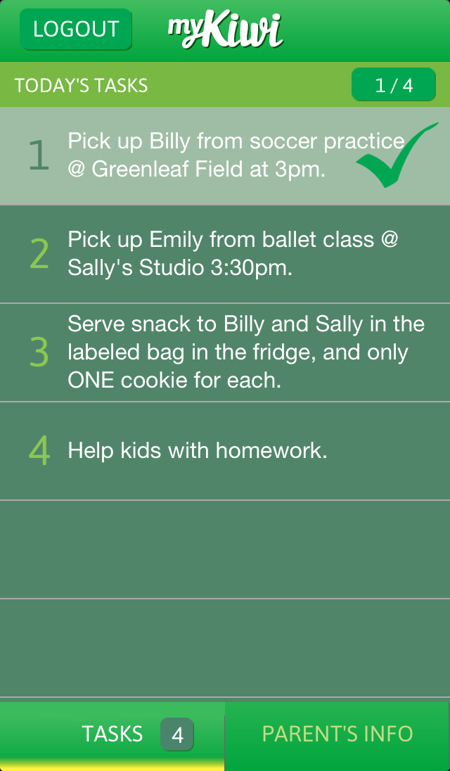 The childcare task app's home screen