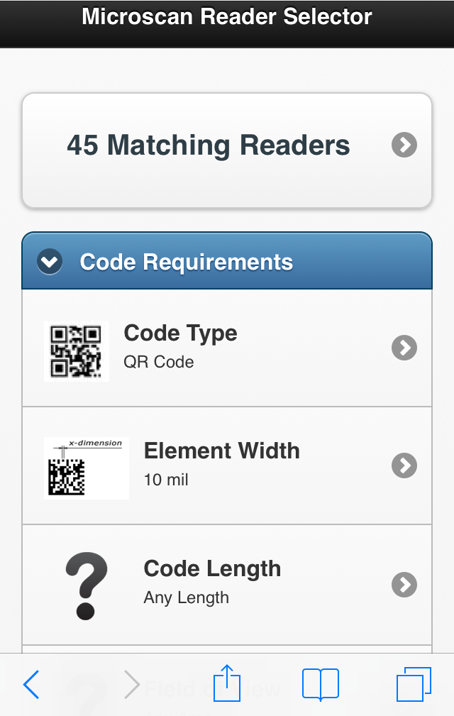 The code reader selector on a phone, with large touch targets