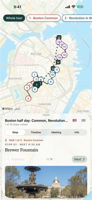 A walking tour of Boston on the map: the route, the numbered stops, and the first stop, Brewer Fountain