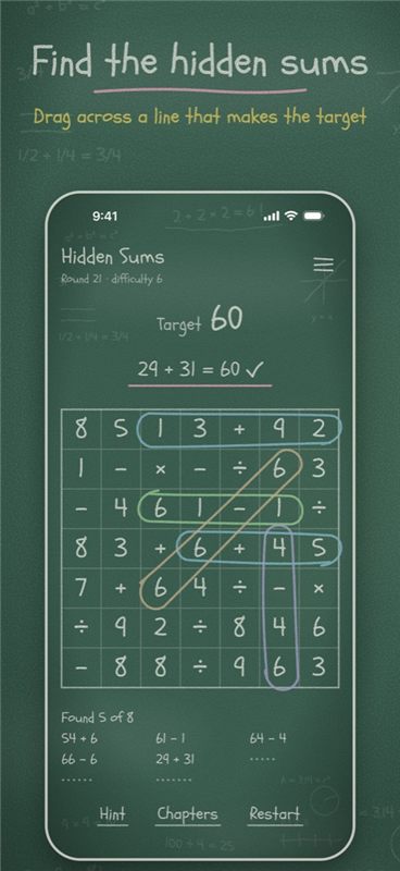 A Hidden Sums round: a chalkboard grid with five answers looped in chalk