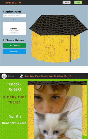 Pages from Knock-Knock! Who's There?, with houses whose doors open to reveal family photos