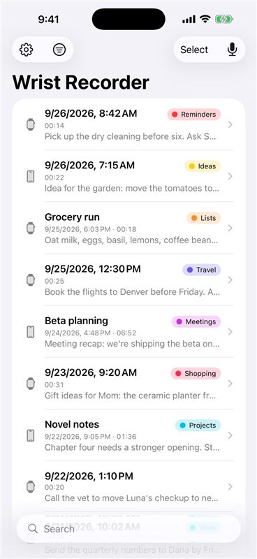Wrist Recorder's list of voice notes, each with a category and a transcript preview