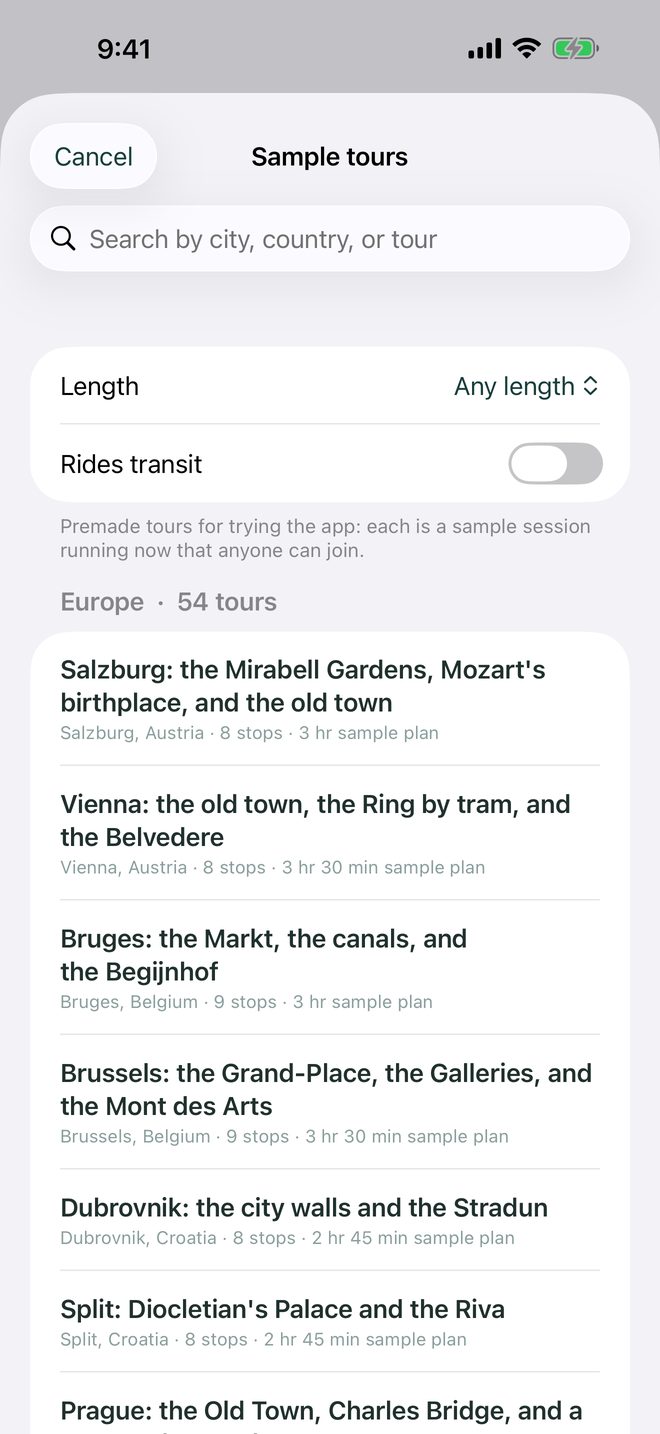 The sample tour list, grouped by region, with a search box