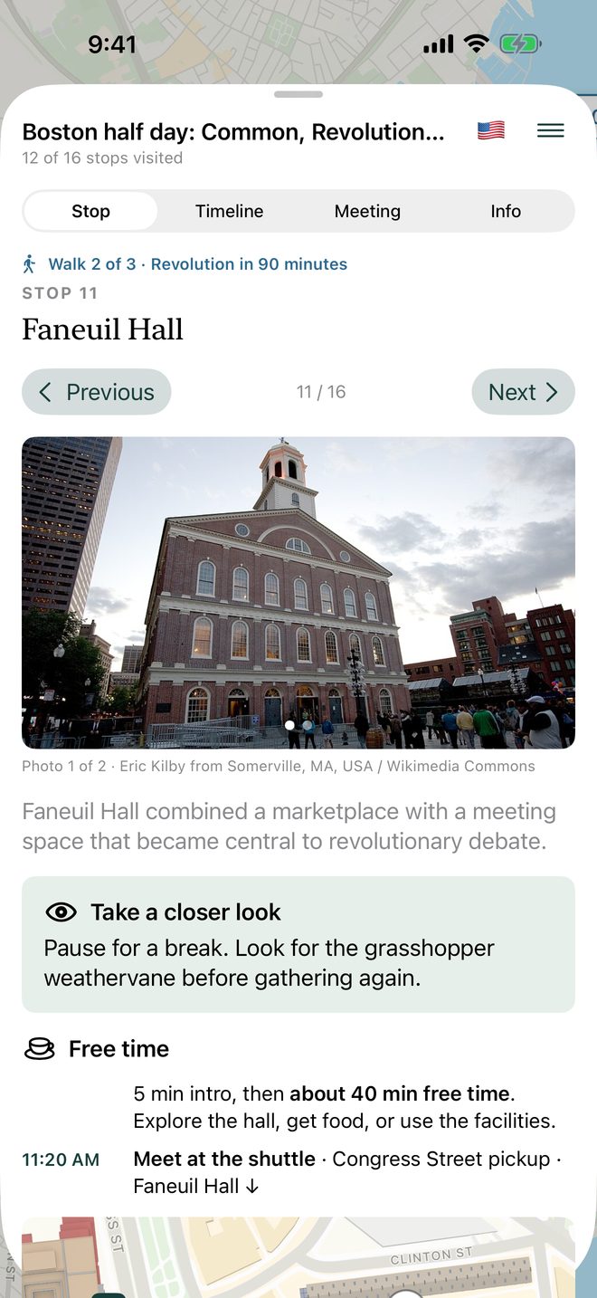 A stop: Faneuil Hall, with its photo, story, and what to look for