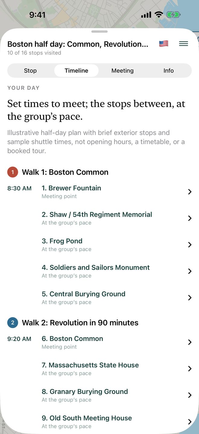 The day’s timeline, with walks, free time, and meeting times