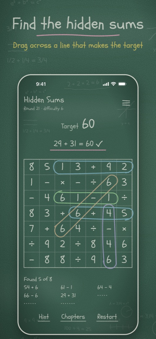 Find the hidden sums: a 7 by 7 grid with target 60 and five answers looped in chalk
