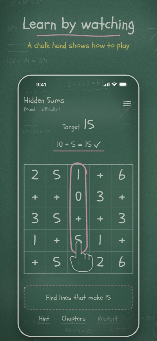 Learn by watching: a chalk hand drags across 10 + 5 to make 15
