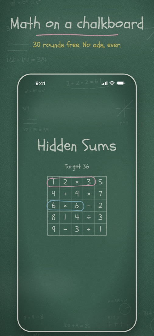 Math on a chalkboard: the Hidden Sums title screen