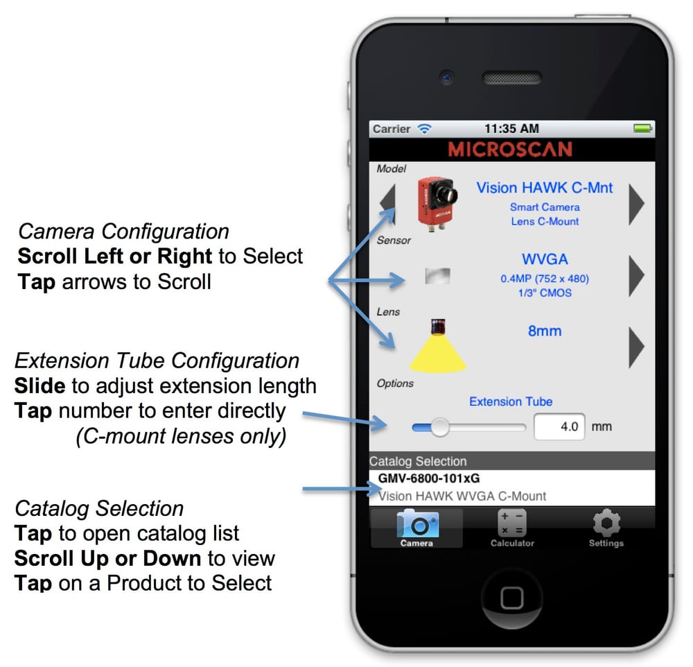 The camera screen on an iPhone, with notes on scrolling through camera models, sensors and lenses, setting an extension tube, and choosing from the catalog