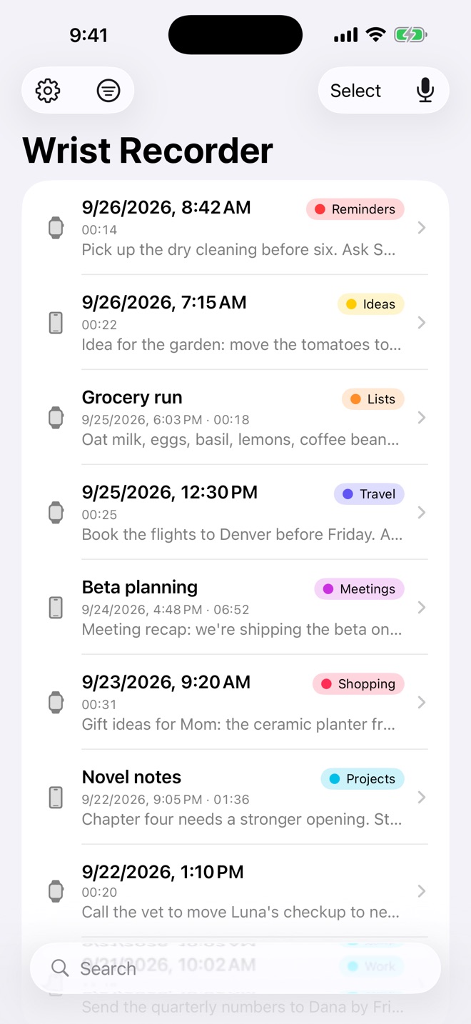 Notes list with a color-coded category tag on each note, its length, and a transcript preview