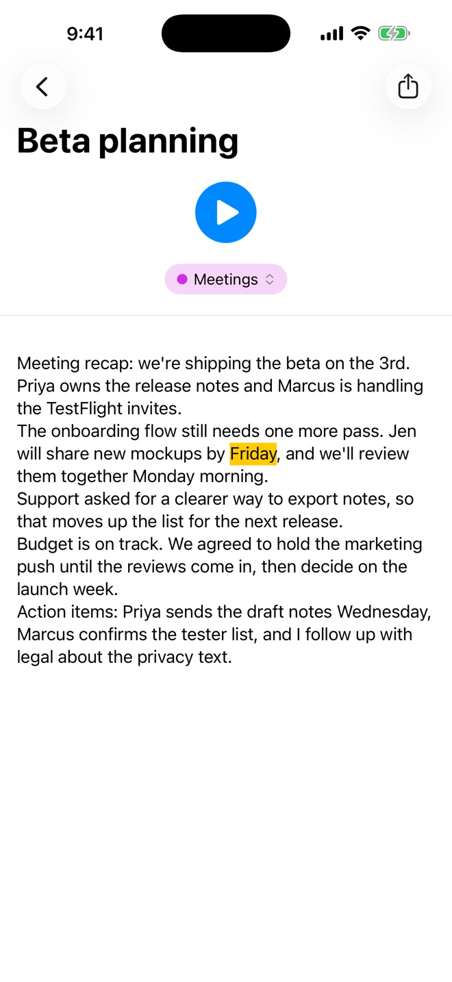 A note named Beta planning with its full transcript and the word Friday highlighted