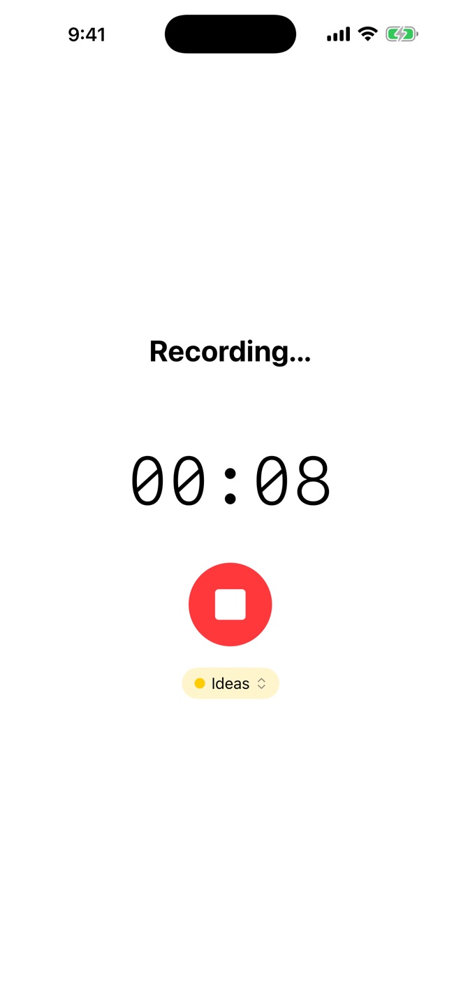 Recording screen with a timer and the Ideas category below the stop button