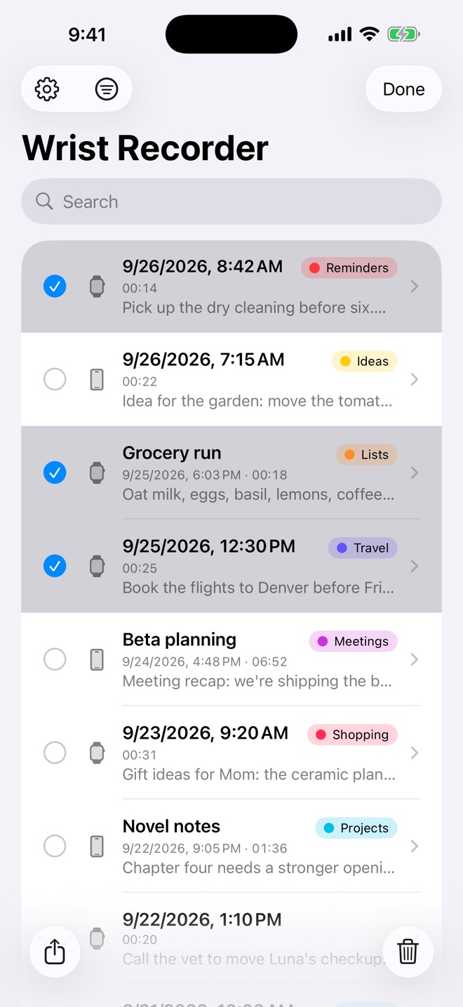 Several notes selected, with Share and Delete buttons