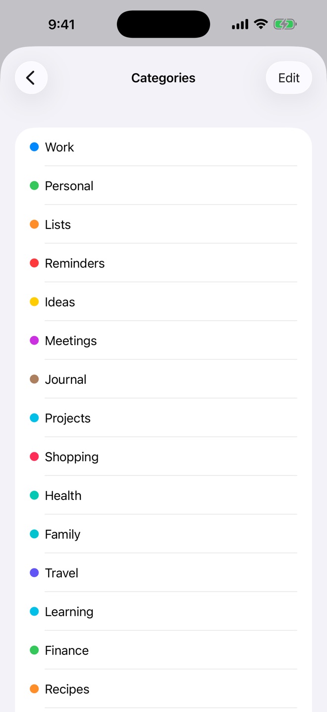 Settings listing the categories, each with its color