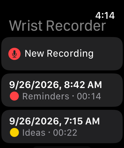Notes list on Apple Watch with a New Recording button and each note's category