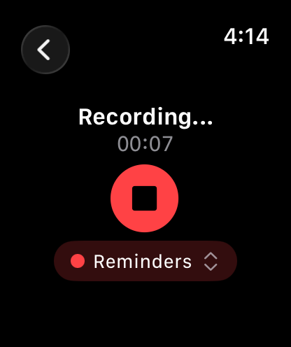 Recording on Apple Watch, with the category below the stop button